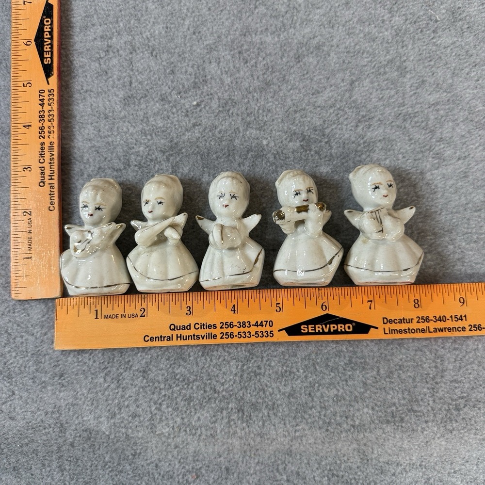Vintage Japanese Miniature Angel Choir Figurines Lot Of 5 White Gold Ceramic